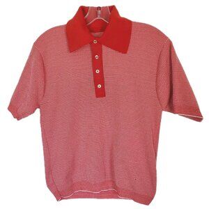 Vintage 60s 70s Striped Knit Polo Shirt Red White Rockabilly Mod Size Small